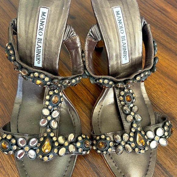 Manolo Blahnik Metallic Brown Jeweled Slide Sandals - Picture 3 of 4